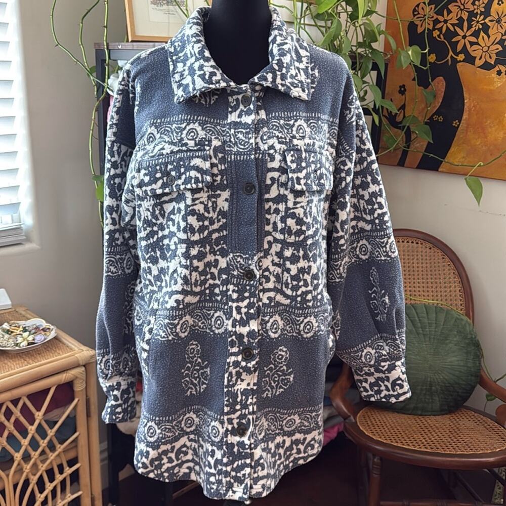 Free People Navy Combo Paisley Floral Printed Boho Button Up Cozy Ruby Jacket